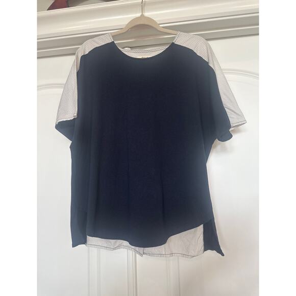 Madewell  Navy Blue Top with White and Blue Striped Overlapping Open Back Detail - Picture 2 of 7